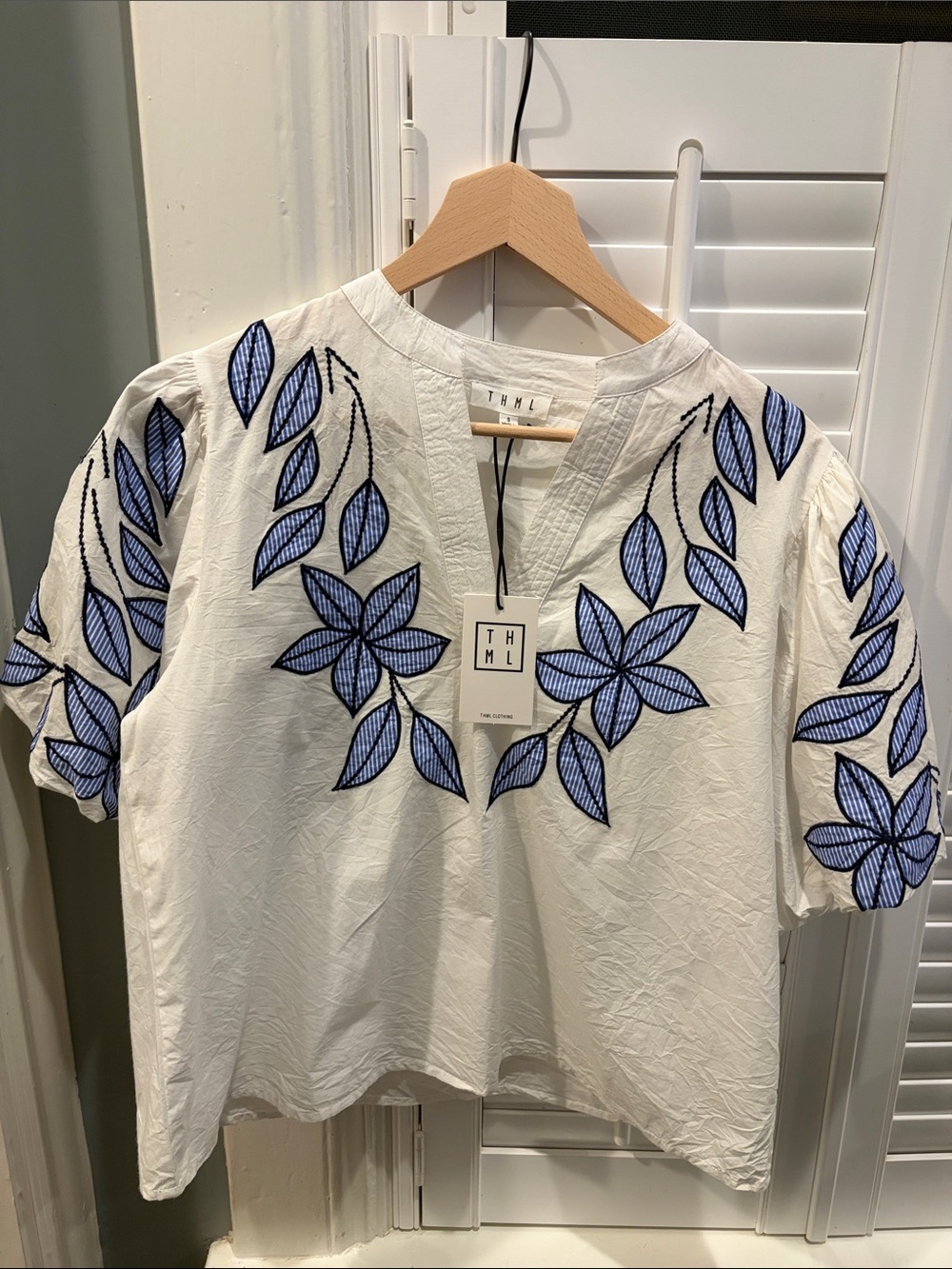 THML White Blouse with Blue Floral Embroidery